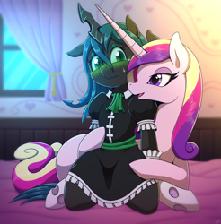 Size: 1800x1826 | Tagged: safe, artist:vavacung, princess cadance, queen chrysalis, alicorn, changeling, changeling queen, pony, comic:misguided love, series:maid of love, g4, blushing, clothes, dress, duo, duo female, female, infidelity, kneeling, lesbian, long neck, maid, ship:cadalis, shipping, skirt, socks, sweat, sweatdrop