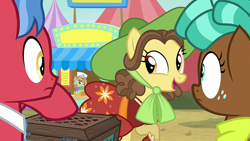 Size: 1920x1080 | Tagged: safe, screencap, biscuit, jeff letrotski, spur, earth pony, pegasus, pony, g4, growing up is hard to do, box, clothes, colt, female, filly, food stand, male, mare, neckerchief, stallion, teenager