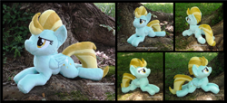 Size: 3863x1754 | Tagged: safe, artist:peruserofpieces, lightning dust, pegasus, pony, g4, beanie (plushie), female, irl, lying down, mare, multiple views, photo, plushie, prone, smiling, tree