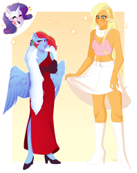 Size: 4627x5856 | Tagged: safe, artist:tsetsera, applejack, rainbow dash, rarity, earth pony, pegasus, unicorn, anthro, g4, and then there's rarity, applejack also dresses in style, belt, blushing, boots, bra, bracelet, clothes, crop top bra, dress, ear piercing, earring, evening gloves, eyes closed, eyeshadow, feather boa, female, floppy ears, forced makeover, freckles, gloves, heart, height difference, high heel boots, high heels, jewelry, long gloves, makeup, necklace, open mouth, piercing, rainbow dash always dresses in style, scarf, shoes, skirt, tomboy taming, trio, underwear