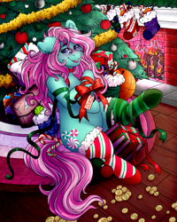 Size: 4000x5000 | Tagged: safe, alternate version, artist:dewdropinn, part of a set, minty, earth pony, pony, g3, blushing, candy canes, christmas, christmas lights, christmas presents, christmas stocking, christmas tree, clothes, ear fluff, fireplace, frog (hoof), garland, gift wrapped, holiday, minty christmas (dewdropinn), mismatched socks, pink mane, ribbon, smiling, socks, solo, stockings, striped socks, thigh highs, tree, underhoof