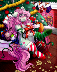 Size: 4000x5000 | Tagged: safe, alternate version, artist:dewdropinn, part of a set, minty, earth pony, pony, g3, blushing, candy canes, christmas, christmas lights, christmas presents, christmas stocking, christmas tree, clothes, ear fluff, fireplace, frog (hoof), garland, gift wrapped, holiday, minty christmas (dewdropinn), mismatched socks, pink mane, ribbon, smiling, socks, solo, stockings, striped socks, thigh highs, toy interpretation, tree, underhoof