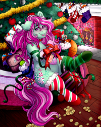 Size: 4000x5000 | Tagged: safe, alternate version, artist:dewdropinn, part of a set, minty, earth pony, pony, g3, blushing, candy canes, christmas, christmas lights, christmas presents, christmas stocking, christmas tree, clothes, ear fluff, fireplace, frog (hoof), garland, gift wrapped, holiday, minty christmas (dewdropinn), mismatched socks, pink mane, ribbon, smiling, socks, solo, stockings, striped socks, thigh highs, tree, underhoof, winter minty