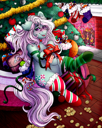 Size: 4000x5000 | Tagged: safe, alternate version, artist:dewdropinn, part of a set, minty, earth pony, pony, g3, blushing, candy canes, christmas, christmas lights, christmas presents, christmas stocking, christmas tree, clothes, ear fluff, fireplace, frog (hoof), garland, gift wrapped, holiday, minty christmas (dewdropinn), mismatched socks, pink mane, ribbon, smiling, socks, solo, stockings, striped socks, thigh highs, tree, underhoof
