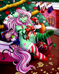 Size: 4000x5000 | Tagged: safe, alternate version, artist:dewdropinn, part of a set, minty, minty (g4), earth pony, pony, g4, blushing, candy canes, christmas, christmas lights, christmas presents, christmas stocking, christmas tree, clothes, ear fluff, fireplace, frog (hoof), garland, gift wrapped, holiday, minty christmas (dewdropinn), mismatched socks, oh minty minty minty, pink mane, ribbon, smiling, socks, solo, stockings, striped socks, that pony sure does love socks, thigh highs, tree, underhoof