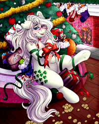 Size: 4000x5000 | Tagged: safe, alternate version, artist:dewdropinn, part of a set, minty (g1), earth pony, pony, g1, blushing, candy canes, christmas, christmas lights, christmas presents, christmas stocking, christmas tree, ear fluff, fireplace, frog (hoof), garland, gift wrapped, holiday, minty christmas (dewdropinn), pink mane, ribbon, smiling, solo, tree, underhoof