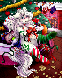 Size: 4000x5000 | Tagged: safe, alternate version, artist:dewdropinn, part of a set, minty (g1), earth pony, pony, g1, blushing, candy canes, christmas, christmas lights, christmas presents, christmas stocking, christmas tree, clothes, ear fluff, fireplace, frog (hoof), garland, gift wrapped, holiday, minty christmas (dewdropinn), mismatched socks, pink mane, ribbon, smiling, socks, solo, stockings, striped socks, thigh highs, tree, underhoof