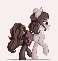 Size: 1812x1920 | Tagged: safe, artist:qbellas, oc, oc only, earth pony, pony, butt, candy, choker, clothes, dock, eyebrows, female, food, implied tail hole, lollipop, mare, plot, raised hoof, raised leg, simple background, skirt, solo, stockings, tail, thigh highs