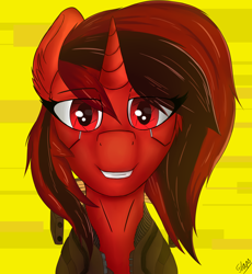 Size: 2764x3000 | Tagged: safe, artist:flapstune, oc, oc:flaps tune, pony, unicorn, clothed ponies, cybernetic eyes, cyberpunk, cyberpunk 2077, female, fluffy, high res, horn, looking at you, mare, signature, simple background, smiling, yellow background