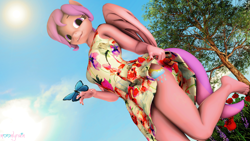 Size: 3840x2160 | Tagged: safe, artist:moonlyrain, oc, oc:raining moon, butterfly, anthro, 3d, anthro oc, clothes, dress, grass, high res, sky, sun, tree, wings