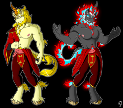 Size: 2800x2450 | Tagged: safe, artist:makidotsukashi, oc, oc only, oc:golden oak, kirin, nirik, anthro, unguligrade anthro, beard, belly button, black background, clothes, digital art, facial hair, high res, horn, kirin oc, male, male nipples, muscles, muscular male, nipples, nirik oc, partial nudity, pecs, simple background, solo, standing, tail, topless