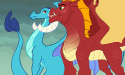 Size: 900x542 | Tagged: safe, artist:phobicalbino, artist:queencold, edit, garble, princess ember, dragon, g4, gauntlet of fire, dragon lord ember, dragoness, ear fins, female, male, older, older ember, older garble, quadrupedal, ship:emble, shipping, spread wings, straight, wing claws, wings