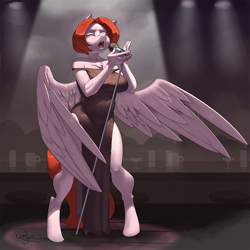 Size: 900x900 | Tagged: safe, artist:kevinsano, oc, oc only, oc:weathervane, pegasus, anthro, unguligrade anthro, breasts, busty oc, clothes, commission, detailed background, digital art, dress, eyes closed, female, microphone, open mouth, singing, solo, spread wings, thighs, wide hips, wings
