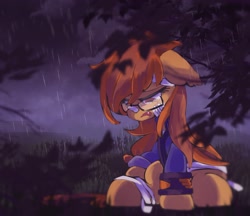 Size: 2082x1803 | Tagged: safe, artist:lexiedraw, oc, oc only, pony, bandage, clothes, commission, crying, glasses, rain, solo