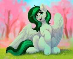 Size: 3000x2416 | Tagged: safe, artist:amishy, oc, oc only, oc:eden shallowleaf, pegasus, pony, cherry blossoms, flower, flower blossom, high res, not wallflower blush, open mouth, pegasus oc, sitting, smiling, solo, wings