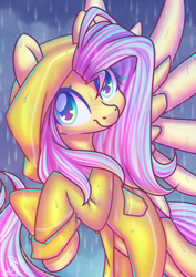 Size: 1600x2264 | Tagged: safe, artist:wavecipher, fluttershy, pegasus, pony, g4, chromatic aberration, cute, female, heart eyes, looking at you, mare, outdoors, rain, raincoat, shyabetes, smiling, solo, spread wings, three quarter view, turned head, wingding eyes, wings