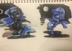 Size: 3880x2723 | Tagged: safe, artist:musical ray, nightmare moon, princess luna, alicorn, pony, g4, cute, duality, eyes open, female, filly, high res, horn, looking at you, moon, open mouth, traditional art, wings, woona, younger