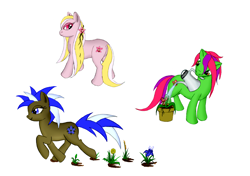 Size: 2922x2052 | Tagged: safe, artist:runic-scribe, oc, oc only, oc:orchid, oc:snapdragon, oc:wild flower, earth pony, pony, earth pony oc, flower, flower in hair, high res, looking back, looking down, mouth hold, simple background, trio, watering, watering can, white background