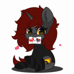 Size: 480x480 | Tagged: safe, artist:yomechka, part of a set, oc, oc only, oc:ember stone, pony, unicorn, animated, canada, clothes, commission, cute, female, gif, heart, hoodie, mare, mouth hold, norway, simple background, sitting, socks, solo, striped socks, tail wag, white background, ych animation, ych result