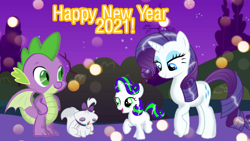 Size: 1280x720 | Tagged: safe, artist:mlplary6, edit, edited screencap, screencap, rarity, spike, oc, oc:pearl, dracony, dragon, hybrid, pony, g4, 2021, base used, family, female, happy new year, happy new year 2021, holiday, interspecies offspring, male, new year, offspring, parent:rarity, parent:spike, parents:sparity, ship:sparity, shipping, straight, winged spike, wings