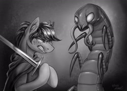 Size: 3409x2436 | Tagged: safe, artist:helmie-art, oc, oc only, oc:karoline skies, centipede, insect, pony, cape, clothes, ear fluff, female, freckles, giant insect, grayscale, gritted teeth, high res, mare, monochrome, monster, solo, sword, weapon