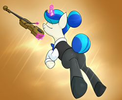Size: 2613x2148 | Tagged: safe, artist:moonatik, dj pon-3, vinyl scratch, pony, unicorn, g4, abstract background, alternate clothes, alternate hairstyle, bowtie, clothes, eyes closed, female, hair bun, high res, levitation, magic, mare, musical instrument, out of character, playing instrument, shirt, shoes, smiling, solo, tail bun, telekinesis, underhoof, vinyl class, violin, waistcoat