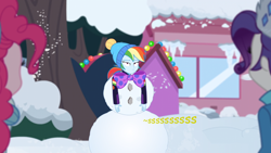 Size: 960x542 | Tagged: safe, edit, edited screencap, editor:thedarkpony, screencap, pinkie pie, rainbow dash, rarity, equestria girls, equestria girls specials, g4, my little pony equestria girls: better together, my little pony equestria girls: holidays unwrapped, saving pinkie's pie, clothes, female, implied pissing, implied urine, implied wetting, onomatopoeia, snowman, winter outfit