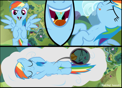 Size: 2500x1818 | Tagged: safe, artist:shelikof launch, derpibooru exclusive, lightning dust, rainbow dash, pegasus, pony, g4, cloud, comic, compressed, endosoma, esophagus, female, fetish, inside mouth, inside stomach, internal, licking, licking lips, lying down, mare, mawshot, micro, mucous, mucus, nap, on a cloud, open mouth, oral invitation, preddash, punishment, rugae, salivating, show accurate, stomach walls, struggling, swallowing, taste buds, throat bulge, tongue out, unwilling prey, vore