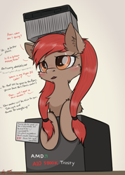 Size: 1057x1486 | Tagged: safe, artist:orang111, edit, oc, oc only, oc:a-10, oc:trinity, cpu pony, object pony, original species, pony, amd, blushing, box, chest fluff, computer, cooler, cooling fan, cpu, dialogue, ear fluff, eyelashes, female, freckles, long hair, mare, offscreen character, ponified, price tag, sad, signature, solo, talking, translation
