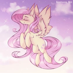 Size: 2000x2000 | Tagged: safe, artist:kreteen art, fluttershy, pegasus, pony, g4, cloud, colored hooves, cute, eyes closed, female, flying, high res, mare, profile, shyabetes, sky, sky background, smiling, solo, spread wings, stars, wings