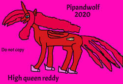 Size: 1077x742 | Tagged: safe, artist:pipandwolf, oc, oc:high queen reddy, alicorn, pony, 1000 hours in ms paint, 2020, alicorn oc, donut steel, horn, magenta background, original character do not steal, wings