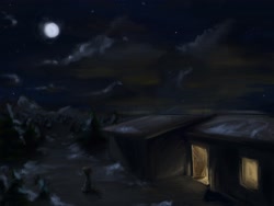 Size: 4000x3000 | Tagged: safe, artist:rigbyh00ves, pony, full moon, house, moon, mountain, night, scenery, sitting, snow, solo, stars