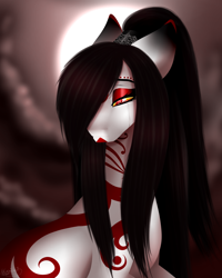 Size: 1600x2000 | Tagged: safe, artist:minelvi, oc, oc only, earth pony, pony, bedroom eyes, bust, cloud, earth pony oc, eyelashes, female, full moon, hair over one eye, makeup, mare, moon, outdoors, solo, tattoo