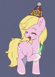Size: 1289x1800 | Tagged: safe, artist:puetsua, oc, oc only, earth pony, pony, 2021, commission, ear fluff, eyes closed, female, glowstick, happy new year 2021, hat, mare, open mouth, party hat, smiling, solo