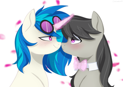 Size: 4093x2894 | Tagged: safe, artist:cottonaime, dj pon-3, octavia melody, vinyl scratch, earth pony, pony, unicorn, g4, bedroom eyes, blushing, boop, eye contact, female, heart eyes, lesbian, looking at each other, magic, noseboop, ship:scratchtavia, shipping, simple background, wingding eyes