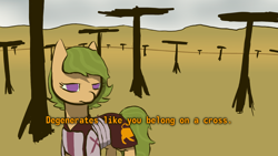 Size: 1920x1080 | Tagged: safe, artist:sunberry, oc, oc only, oc:sunberry, earth pony, pony, armor, clothes, crucifix, crucifixion, desert, disgusted, fallout, fallout: new vegas, female, frown, green hair, meme, purple eyes, scenery, solo, text