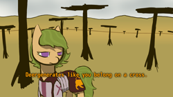 Size: 1920x1080 | Tagged: safe, alternate version, artist:sunberry, oc, oc only, oc:sunberry, earth pony, pony, armor, clothes, crucifix, crucifixion, desert, disgusted, fallout, fallout: new vegas, female, frown, green hair, meme, purple eyes, racism, scenery, solo, text