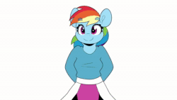 Size: 1280x720 | Tagged: safe, artist:partypievt, rainbow dash, pegasus, anthro, semi-anthro, g4, animated, arm hooves, clothes, eyes closed, female, frame by frame, frog (hoof), heart eyes, looking at you, meme, my name is reggie, ponified, ponified meme, simple background, skirt, smiling, solo, sound, straight, sweater, underhoof, webm, wingding eyes