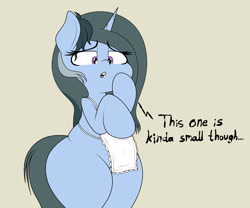 Size: 2434x2022 | Tagged: safe, artist:blitzyflair, oc, oc only, oc:blitzy flair, unicorn, semi-anthro, apron, arm hooves, belly button, bipedal, chubby, clothes, female, high res, lidded eyes, looking down, mare, open mouth, raised hoof, simple background, small clothes, solo, text, wide hips