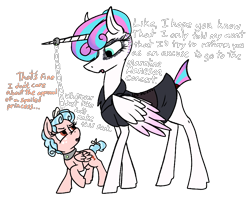 Size: 921x760 | Tagged: safe, artist:thebathwaterhero, cozy glow, princess flurry heart, alicorn, pegasus, pony, g4, chains, collar, dialogue, female, filly, goth, horn, horn ring, jewelry, princess emo heart, ring, simple background, teenage flurry heart, teenager, text, transparent background