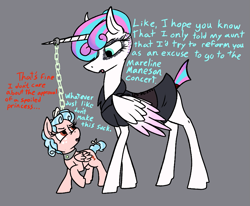 Size: 921x760 | Tagged: safe, alternate version, artist:thebathwaterhero, cozy glow, princess flurry heart, alicorn, pegasus, pony, g4, chains, collar, dialogue, female, filly, goth, gray background, horn, horn ring, jewelry, princess emo heart, ring, simple background, teenage flurry heart, teenager, text