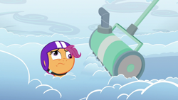 Size: 1280x720 | Tagged: safe, screencap, scootaloo, pony, g4, parental glideance, cloud, derp, helmet, lawn mower, out of context, solo, wavy mouth