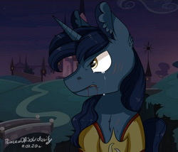 Size: 1280x1098 | Tagged: safe, artist:princessesmeraldaofficial, night light, pony, unicorn, g4, armor, building, crying, ear fluff, looking at something, male, night, outdoors, signature, solo, stallion