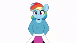 Size: 1920x1080 | Tagged: safe, ai assisted, ai content, artist:partypievt, edit, fifteen.ai, rainbow dash, pegasus, anthro, g4, animated, arm hooves, clothes, cute, dashabetes, eyes closed, female, frame by frame, frog (hoof), heart eyes, lesbian, looking at you, meme, my name is reggie, parody, ponified meme, request, simple background, skirt, smiling, solo, sound, sweater, underhoof, webm, white background, wingding eyes
