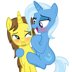Size: 1739x1739 | Tagged: safe, artist:grapefruitface1, trixie, oc, oc:grapefruit face, pony, unicorn, g4, base used, bedroom eyes, blushing, canon x oc, clinging, duo, female, grapexie, hoof on chest, hug, looking at each other, male, shipping, show accurate, simple background, straight, transparent background