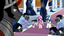 Size: 743x418 | Tagged: safe, edit, edited screencap, screencap, king sombra, princess cadance, princess flurry heart, shining armor, alicorn, pegasus, pony, unicorn, g4, the beginning of the end, animated, blinking, chains, gag, helmet, horses doing horse things, mind control, muzzle gag, sombra soldier, stomping, victorious villain