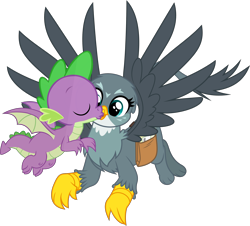 Size: 2568x2324 | Tagged: safe, artist:dashiesparkle, artist:dragonchaser123, edit, gabby, spike, dragon, griffon, g4, the fault in our cutie marks, .ai available, bag, cute, female, gabbybetes, high res, kissing, kissy face, male, saddle bag, ship:spabby, shipping, simple background, straight, transparent background, vector, winged spike, wings