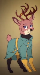 Size: 475x893 | Tagged: artist needed, source needed, safe, oc, oc:king johan djavulen, deer, equestria at war mod, boots, clothes, jewelry, looking at you, ring, shoes, smiling, solo