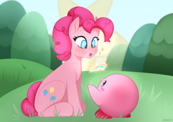 Size: 4093x2894 | Tagged: safe, artist:cottonaime, pinkie pie, earth pony, pony, puffball, g4, blushing, crossover, cute, grass, grass field, high res, kirby, kirby (series), rainbow, sitting, wingding eyes