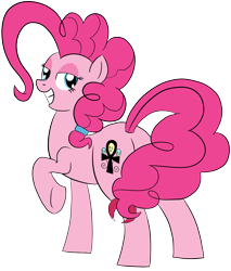 Size: 2249x2640 | Tagged: safe, artist:feralroku, derpibooru exclusive, pinkie pie, oc, oc only, oc:giggles, earth pony, pony, 2021 community collab, derpibooru community collaboration, ankh, balloonbutt, bedroom eyes, behind, butt, clone, disguise, disguised changeling, high res, irc, pincer, pinkie clone, plot, simple background, smiling, solo, transparent background